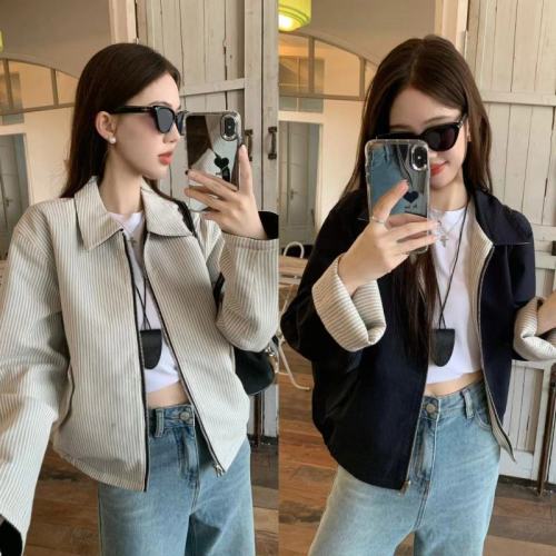 Actual shot ~ Korean style reversible retro striped jacket loose long sleeve coat for women