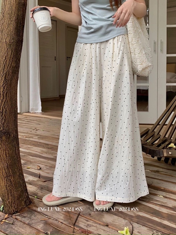Korean polka-dot pleated wide-leg pants for women 2024 summer new high-waisted loose slimming versatile thin casual pants