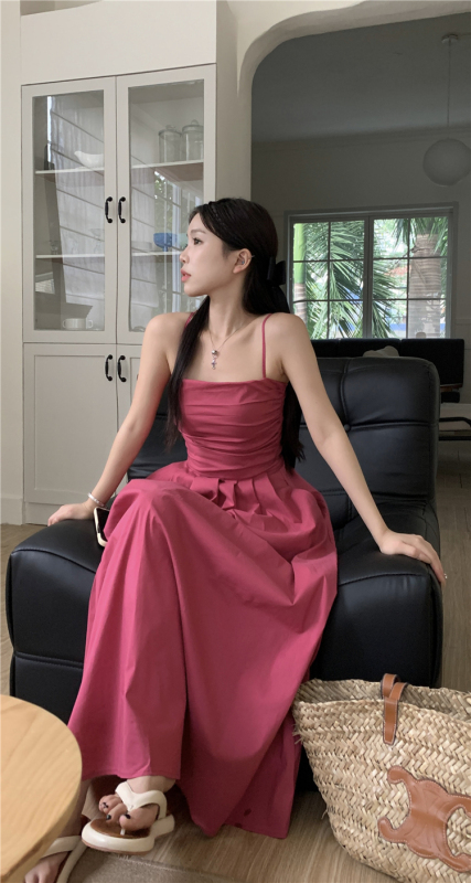 French dress summer pleated slimming versatile backless mid-length suspender first love skirt