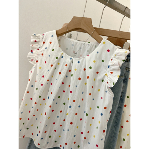 Sweet pleated colorful polka dot small flying sleeve shirt for women summer style fresh and age-reducing loose slimming vest top