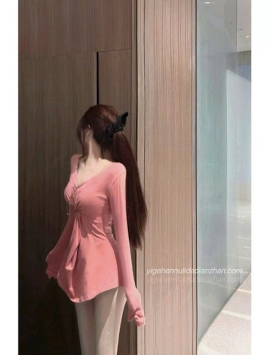 Pure Desire Hot Girl V-neck Sunscreen Long-Sleeved T-shirt Summer Waist Thin Slim Fit Air-Conditioning Shirt Mid-Length Top for Women