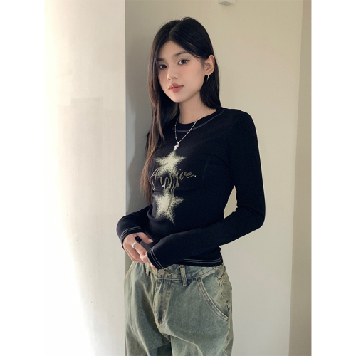 Actual shot of early autumn Millennial hottie style star printed long-sleeved T-shirt women's slim stretch inner bottoming shirt top