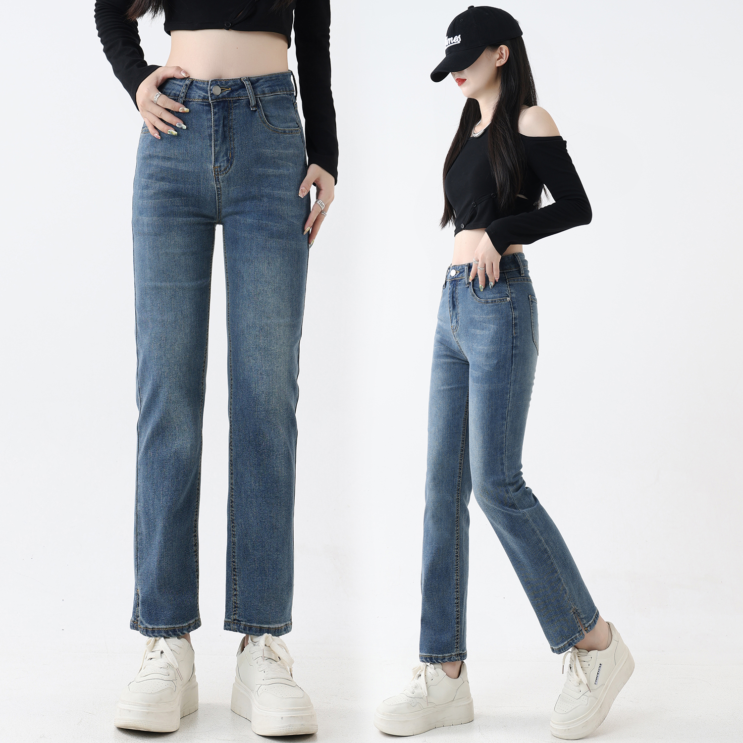 梨形身材彈力顯瘦窄版直筒牛仔褲女 胖mm妹妹春秋開叉煙管褲
