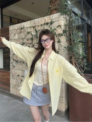 Actual photos~ Korean-style Polo collared dog embroidery striped loose-fitting slimming casual long-sleeved sun-protective shirt