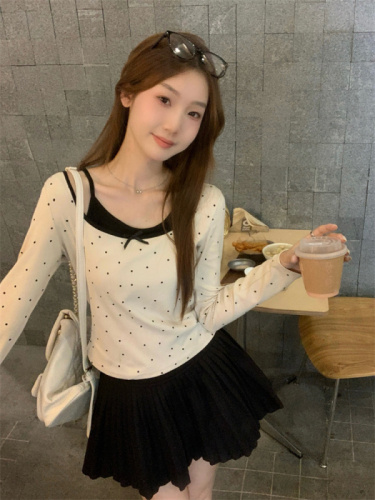 Real shot~Autumn new design fake two-piece small suspender long-sleeved off-shoulder T-shirt