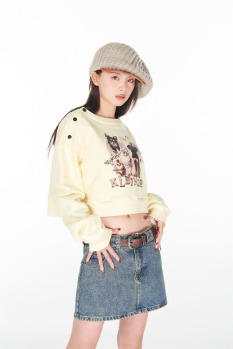 Korean~Japanese large fish scale long-sleeved sweatshirt for women in spring and autumn, versatile buttoned off-shoulder loose personalized design top