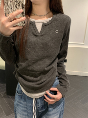 Actual shot of early autumn Korean style contrasting color half-open collar pleated design fake two-piece long-sleeved T-shirt top