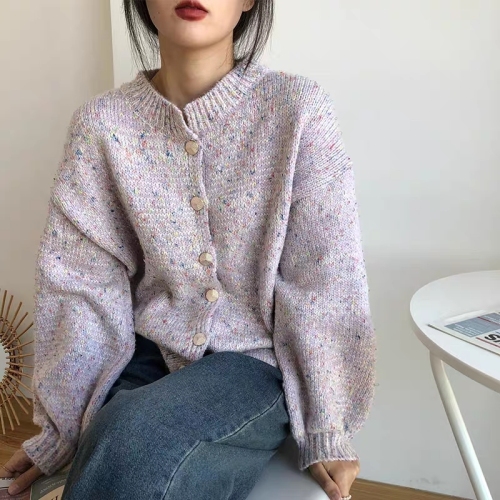 Korean Color Dot Sweater Cardigan Women's 2024 Spring and Autumn Floral Thread Loose Lazy Style Korean Style Soft Waxy Round Neck Knitted Jacket