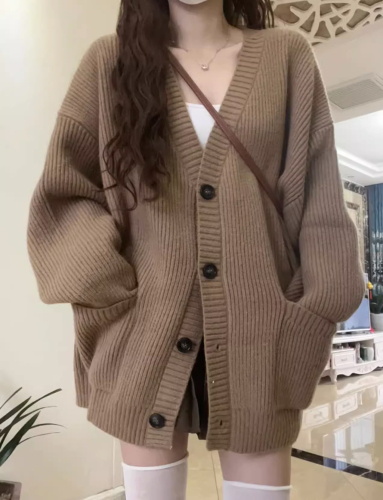 High quality!  Lazy style V-neck single-breasted sweater cardigan women's coat spring and autumn Korean style loose knitted sweater top