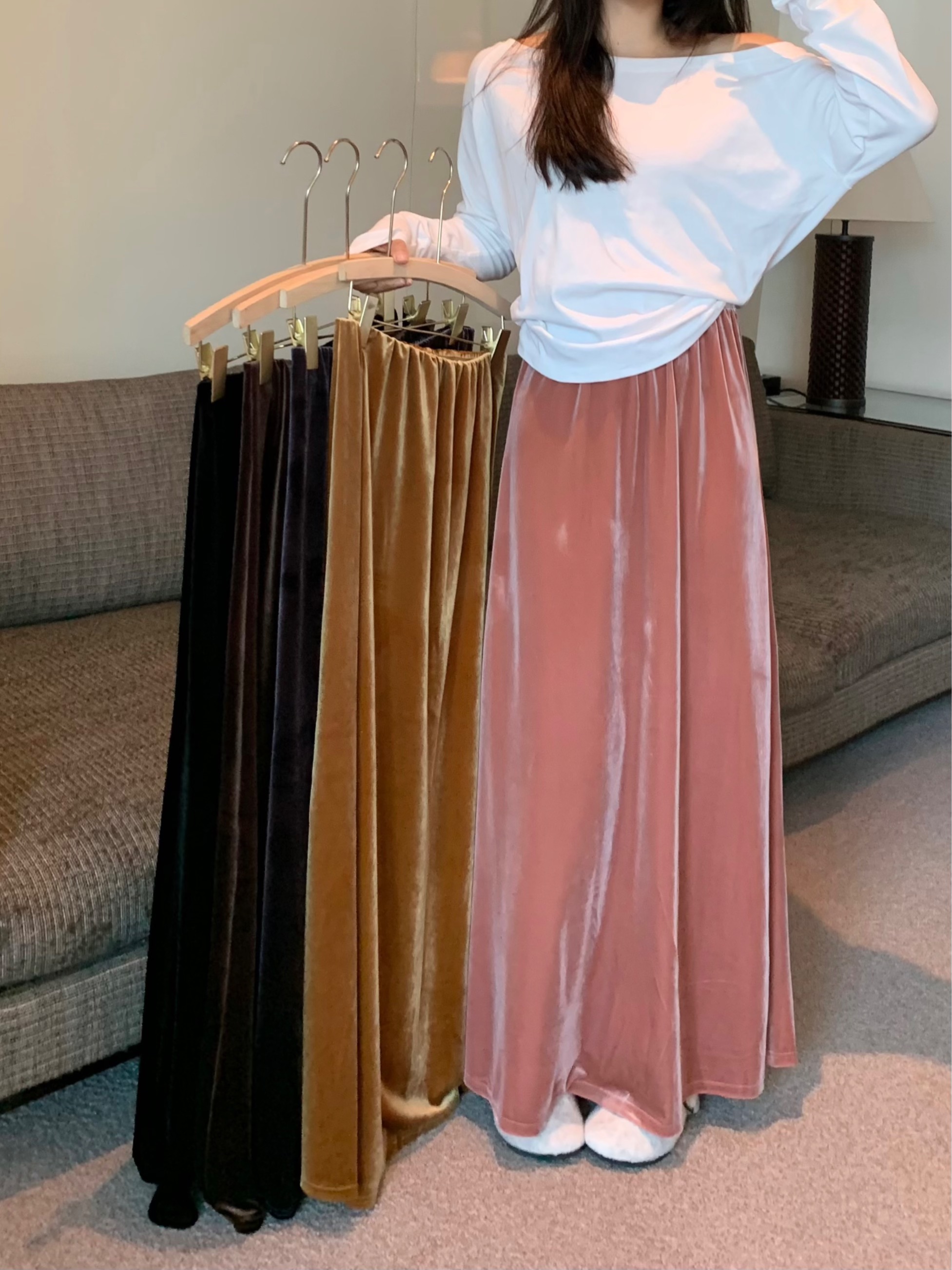 Photographed ~ New Chinese Style Elastic Waist Slimming Medium Length Satin Slip Skirt Fish Tail A-Line Dress