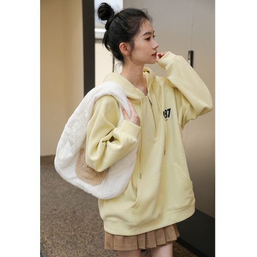 Real shot of simple letter loose hooded sweatshirt for women autumn and winter coat hoodie oversize trendy lazy versatile top