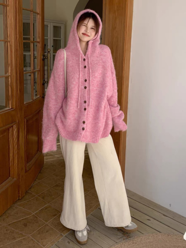 Loose and lazy style solid color hooded sweater jacket for women autumn and winter 2024 new fashion internet celebrity versatile knitted cardigan