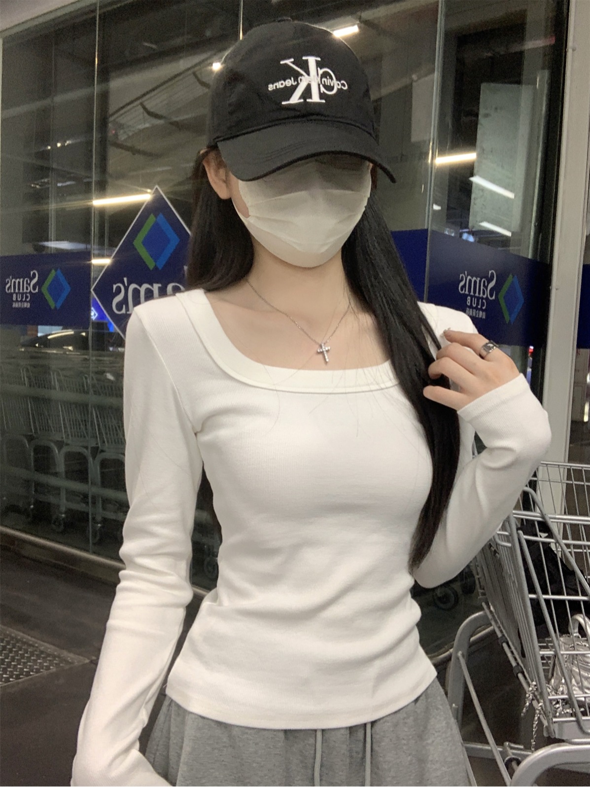 Real shot of autumn Korean style slim temperament square collar basic versatile slimming solid color long-sleeved T-shirt top for women