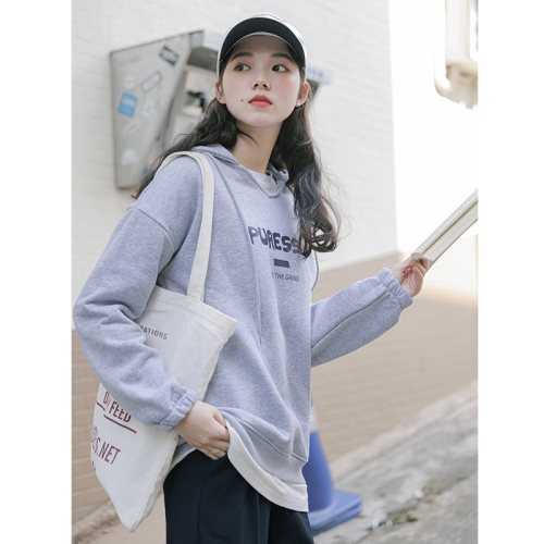 Actual shot of new gray V-neck sweatshirt for women 2024 autumn hooded loose simple letter top trendy ins