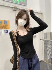 Actual shot of early autumn Korean style slim-fitting pure desire halterneck bow fake two-piece design pure cotton long-sleeved T-shirt top