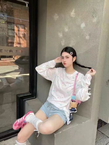 Thin printed long-sleeved sunscreen T-shirt for women summer design bow lace splicing niche chic top ins