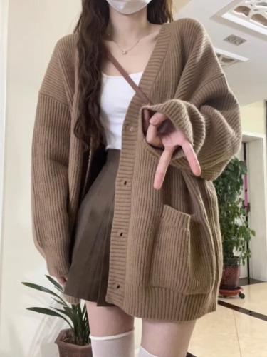 High quality!  Lazy style V-neck single-breasted sweater cardigan women's coat spring and autumn Korean style loose knitted sweater top