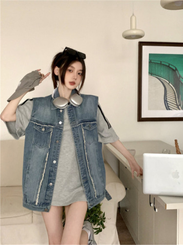 Actual shot~New fashionable loose outer wear casual denim vest sleeveless jacket