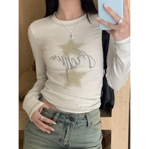 Actual shot of early autumn Millennial hottie style star printed long-sleeved T-shirt women's slim stretch inner bottoming shirt top