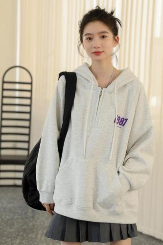 Real shot of simple letter loose hooded sweatshirt for women autumn and winter coat hoodie oversize trendy lazy versatile top