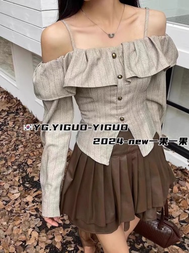 2024 autumn short style new design niche one-shoulder suspender top ruffled clavicle pure desire slimming top