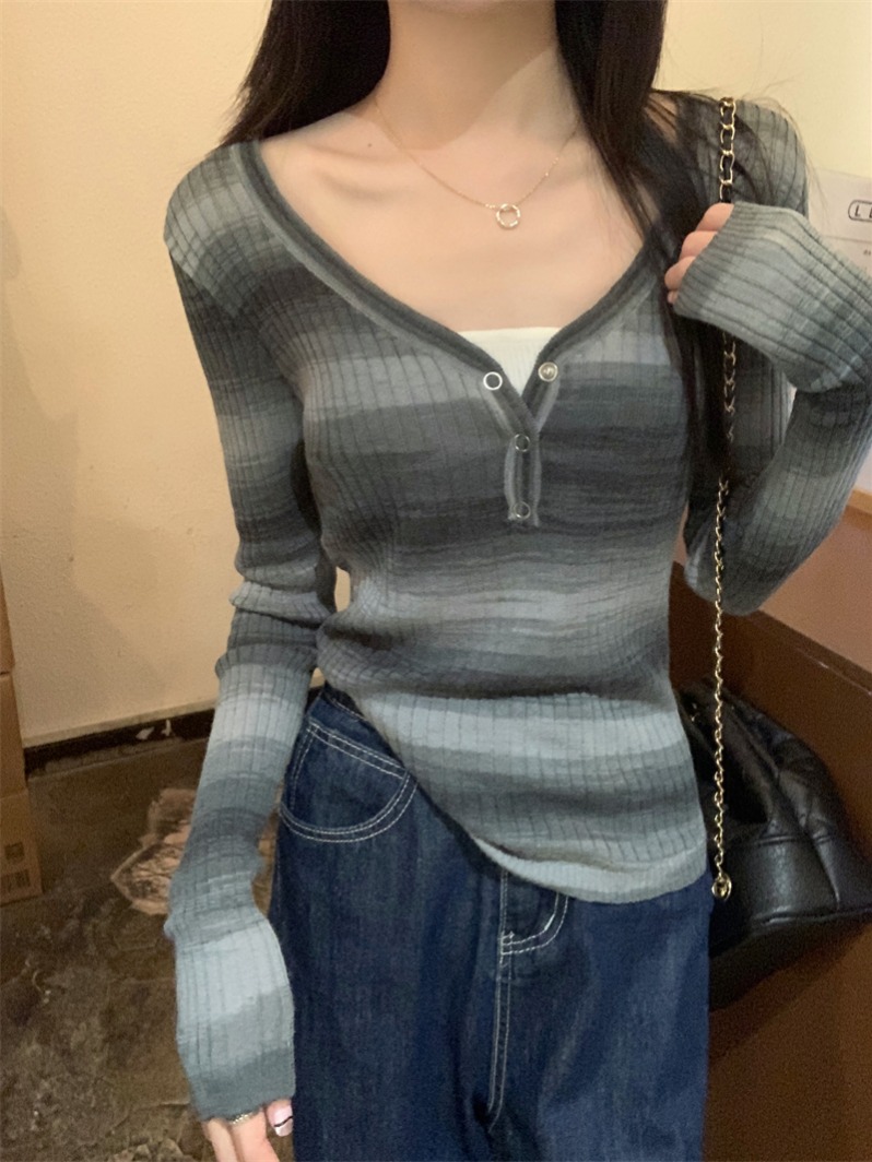 實拍 真 秋季新款撞色條紋拼接假兩件長袖針織衫女上衣
