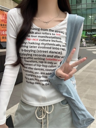 Real shot 2024 autumn long-sleeved T-shirt women's printed thread top