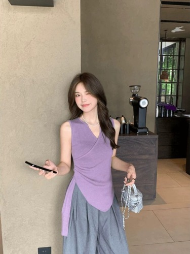 Purple ice silk knitted camisole women's summer outer wear irregular design waist slit strap sleeveless top