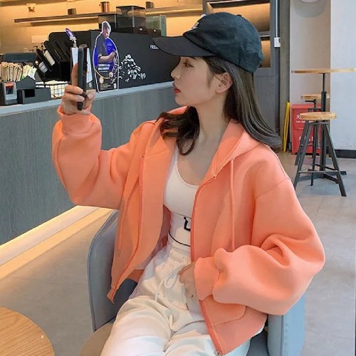 Pure cotton Chinese cotton velvet autumn short hooded sweatshirt women's long-sleeved versatile cardigan loose cardigan jacket