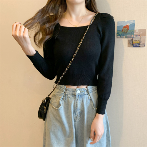 Real shot of Hong Kong style square collar slim solid color knitted long-sleeved bottoming shirt, spring and autumn trendy top