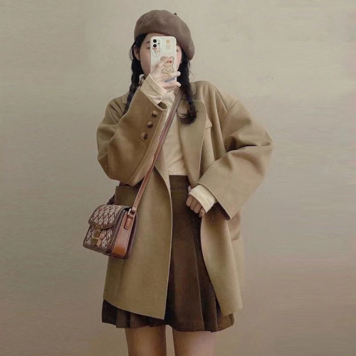 High-end khaki woolen coat 2024 autumn and winter new Korean style small woolen coat women's short style