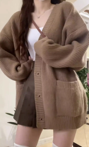 High quality!  Lazy style V-neck single-breasted sweater cardigan women's coat spring and autumn Korean style loose knitted sweater top