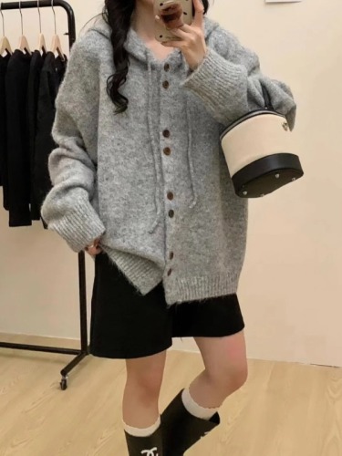 Loose and lazy style solid color hooded sweater jacket for women autumn and winter 2024 new fashion internet celebrity versatile knitted cardigan