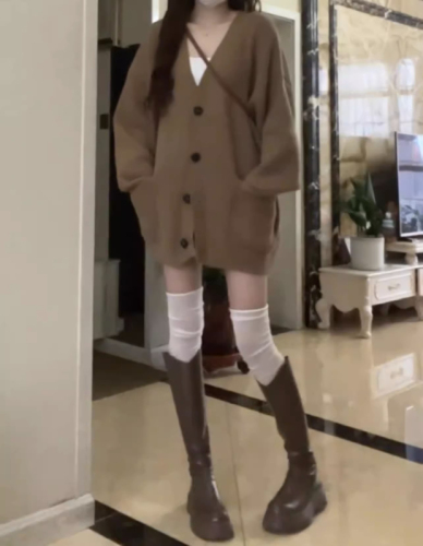 High quality!  Lazy style V-neck single-breasted sweater cardigan women's coat spring and autumn Korean style loose knitted sweater top