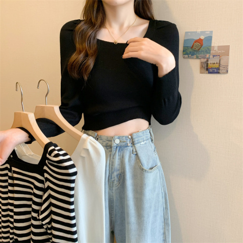 Real shot of Hong Kong style square collar slim solid color knitted long-sleeved bottoming shirt, spring and autumn trendy top