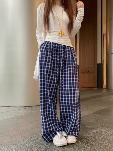 Real shot 2024 ~ Lazy style long-sleeved sloping shoulders irregular T-shirt navy wide-leg plaid pants floor-length trousers