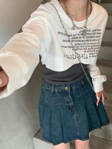 Fish Scale Spring and Autumn Letter Print Simple High Waist Top Women's T-Shirt Versatile Casual Round Neck Loose Single Sweatshirt Trendy