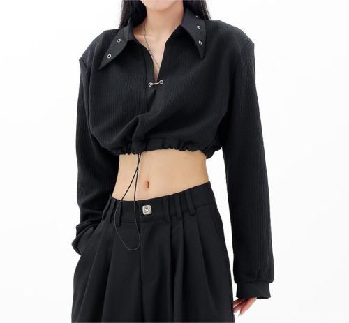 Anti-wrinkle slimming pit-bar crop top for women with niche buckle V-neck Polo long-sleeved T-shirt