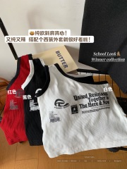 Real shot of designer slanted shoulder printed vest for women in summer American hot girl slim short top