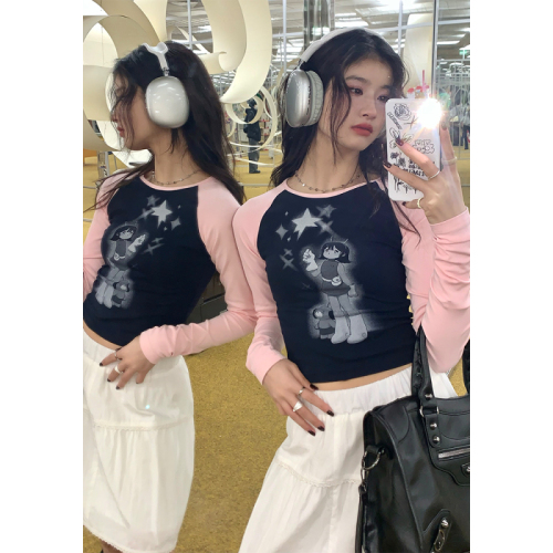 Outdoor white contrast T-shirt women's spring and autumn short design American retro inner bottoming top