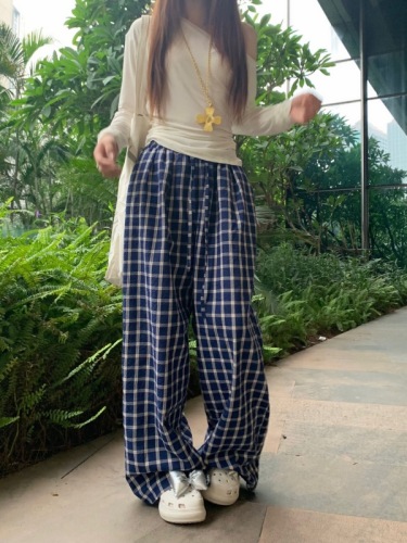 Real shot 2024 ~ Lazy style long-sleeved sloping shoulders irregular T-shirt navy wide-leg plaid pants floor-length trousers