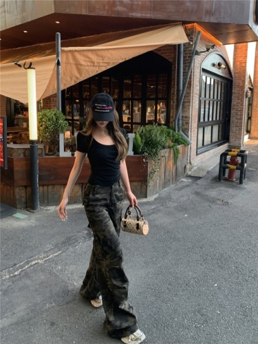 Real shot!  Retro camouflage denim wide leg overalls for women American hot girls high waist slim casual trousers trendy