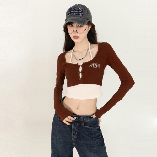 Autumn 2024 new contrast color fake two-piece long-sleeved T-shirt for women spring and summer design navel-baring short style