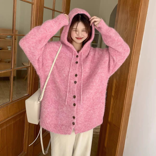 Loose and lazy style solid color hooded sweater jacket for women autumn and winter 2024 new fashion internet celebrity versatile knitted cardigan