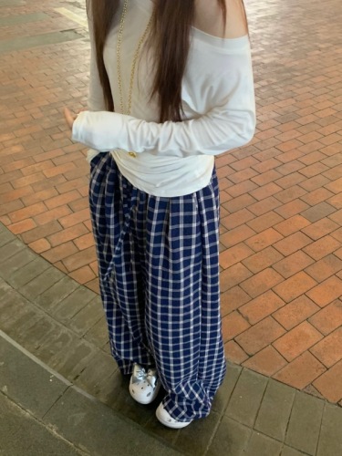 Real shot 2024 ~ Lazy style long-sleeved sloping shoulders irregular T-shirt navy wide-leg plaid pants floor-length trousers