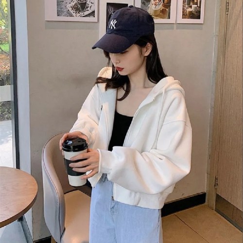 Pure cotton Chinese cotton velvet autumn short hooded sweatshirt women's long-sleeved versatile cardigan loose cardigan jacket