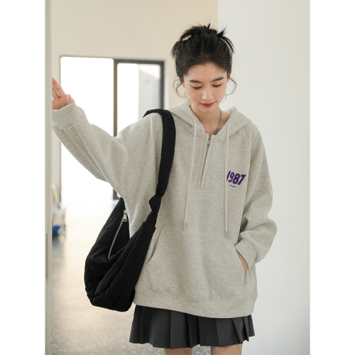 Real shot of simple letter loose hooded sweatshirt for women autumn and winter coat hoodie oversize trendy lazy versatile top