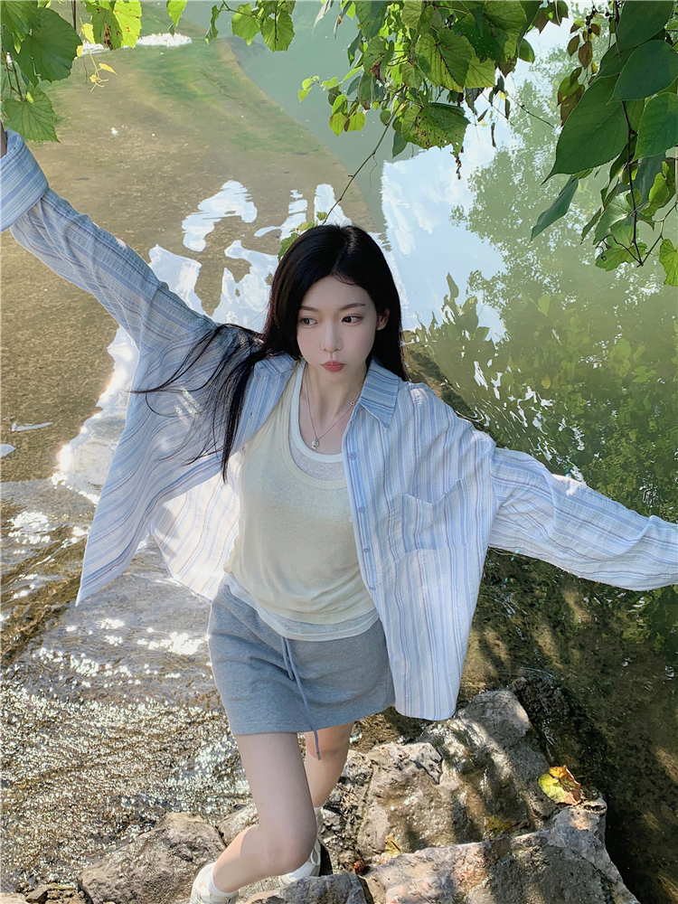 Real shot~Large size thin sun protection shirt for women + fake two piece loose suspenders + A-line sports skirt suit