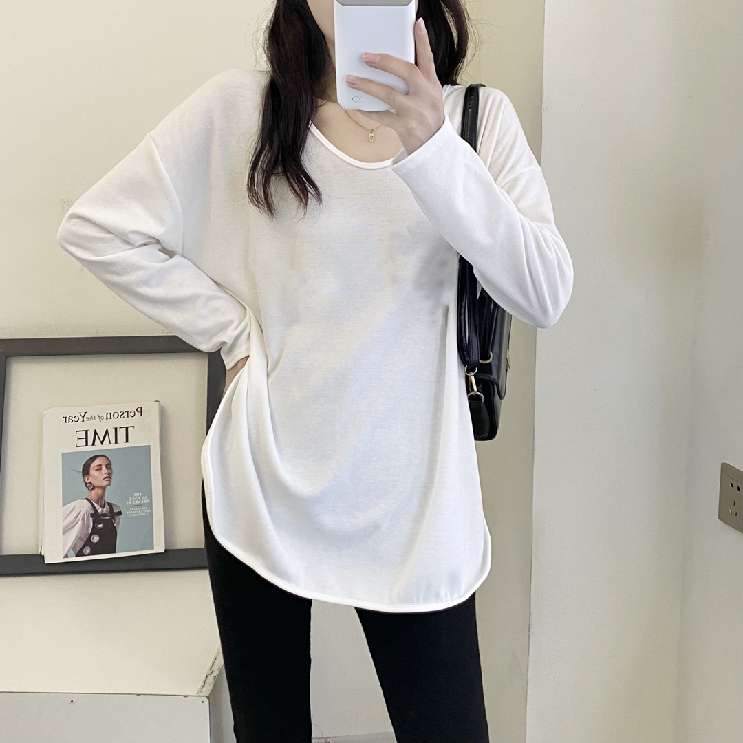 早秋V領淨版側開叉t恤百搭中長款打底衫長袖上衣女