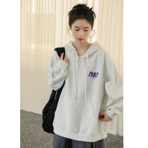 Real shot of simple letter loose hooded sweatshirt for women autumn and winter coat hoodie oversize trendy lazy versatile top